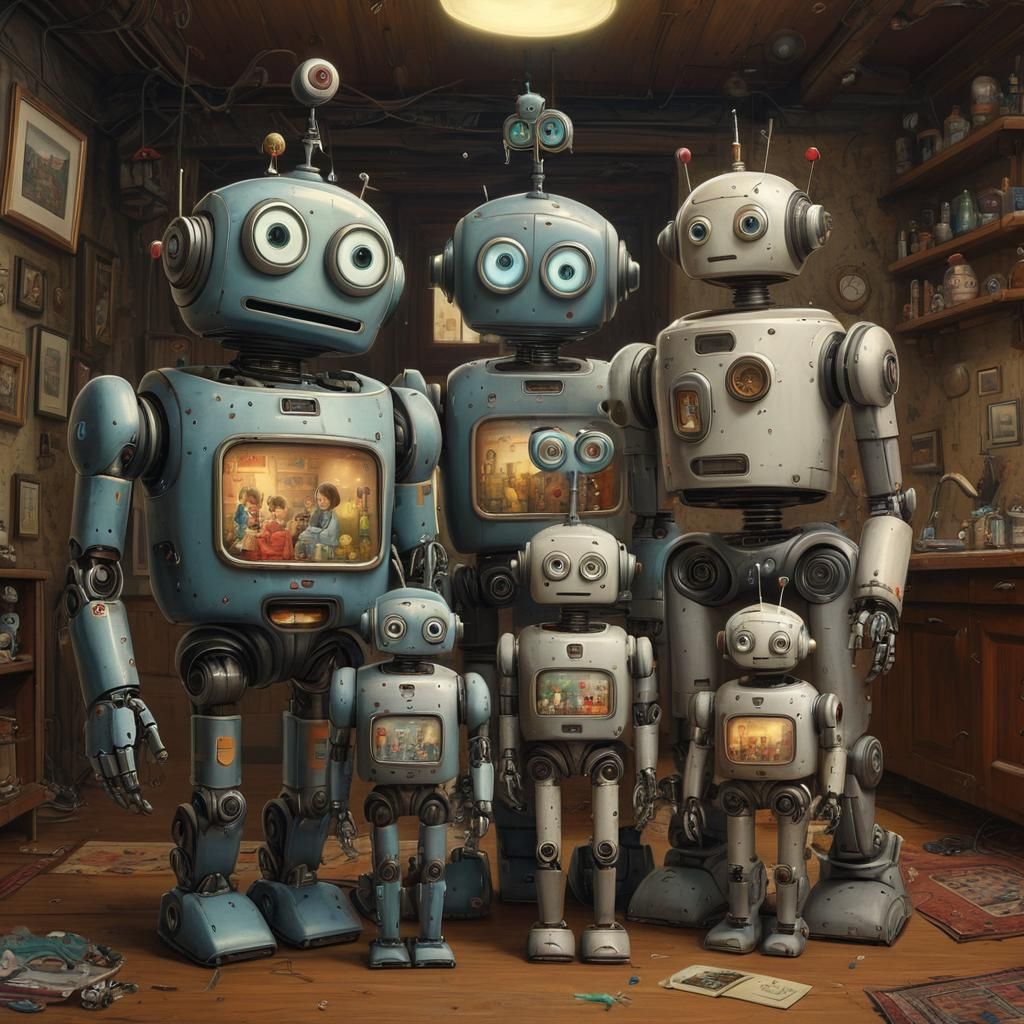 Heartwarming Robot Family Portrait in Digital Art
