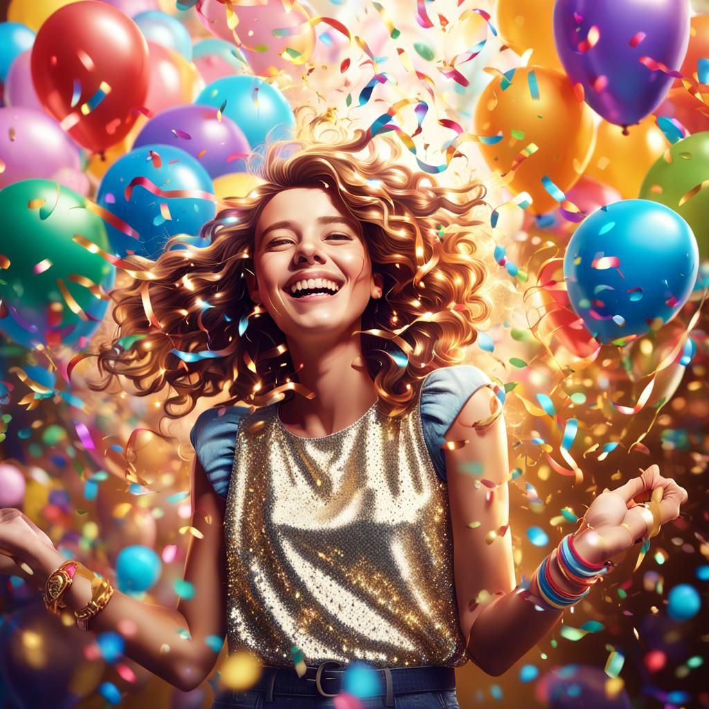 Energetic Girl Celebrates with Balloons: Hyper-Realistic Dig...