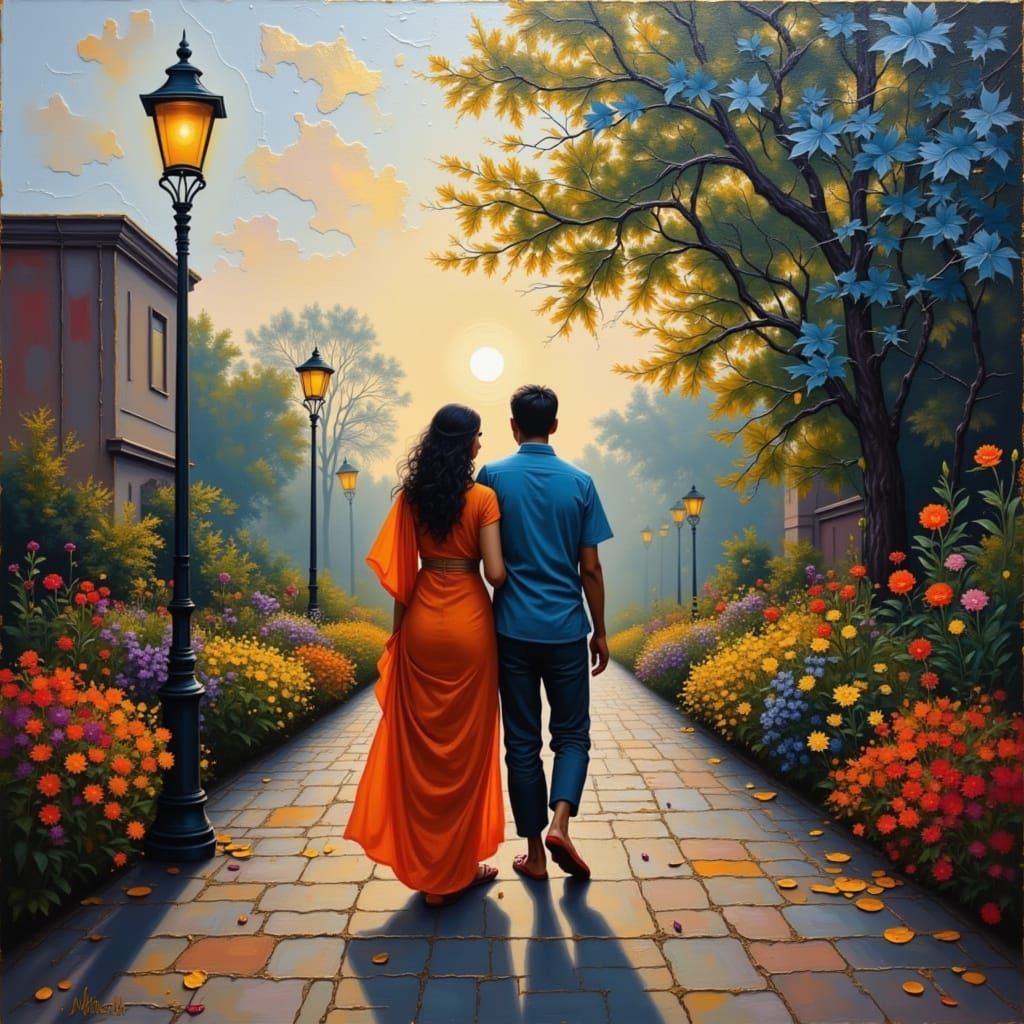 Indian Couple in Lucknow Garden, Oil Painting Style