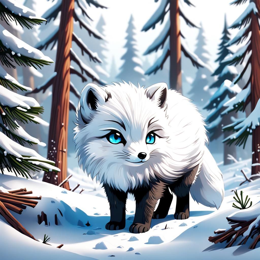 Chibi Arctic Fox in Winter Forest, Anime Style