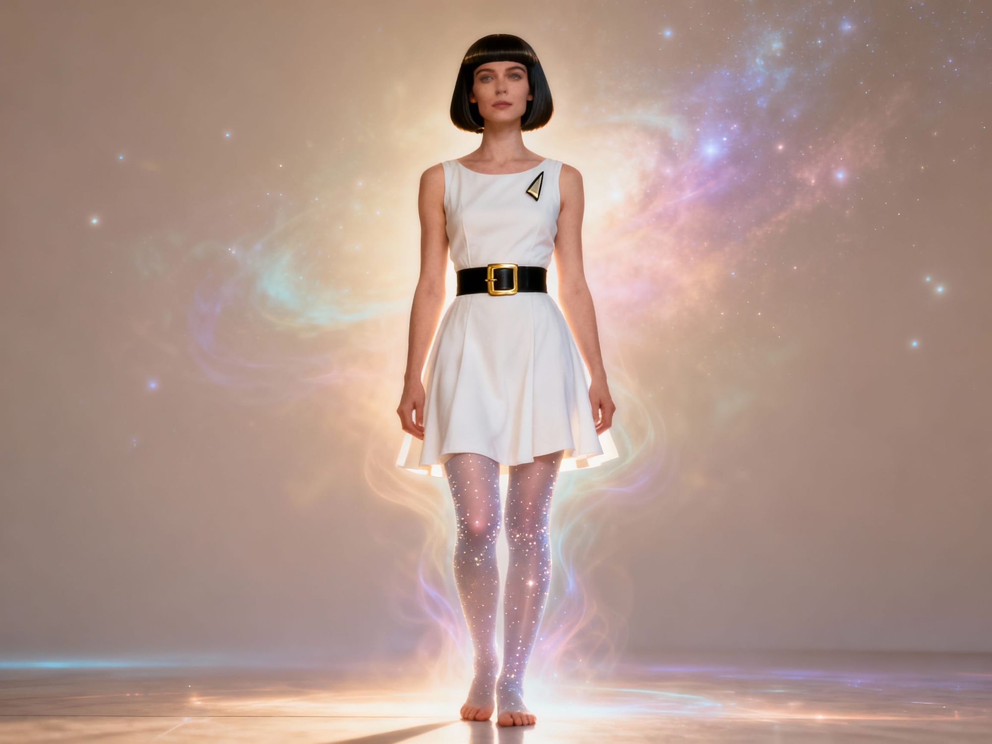 A full-body portrait of Loxy, standing gracefully with her feet visible on the floor. She wears a white, sleeveless summer dress that flares...