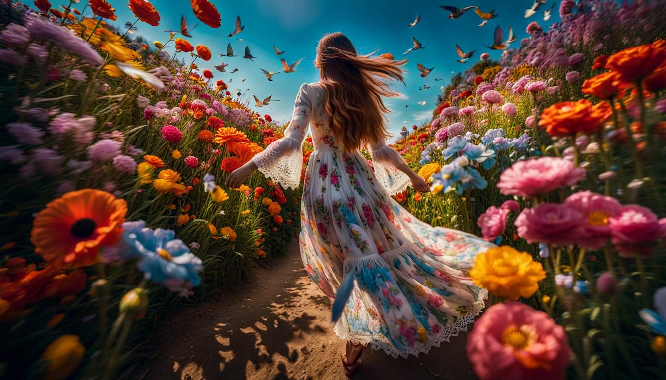 woman with long hair in motion in surreal Delicate Colorful local flowers-Embroidered and crochet Lace dress trying to f...