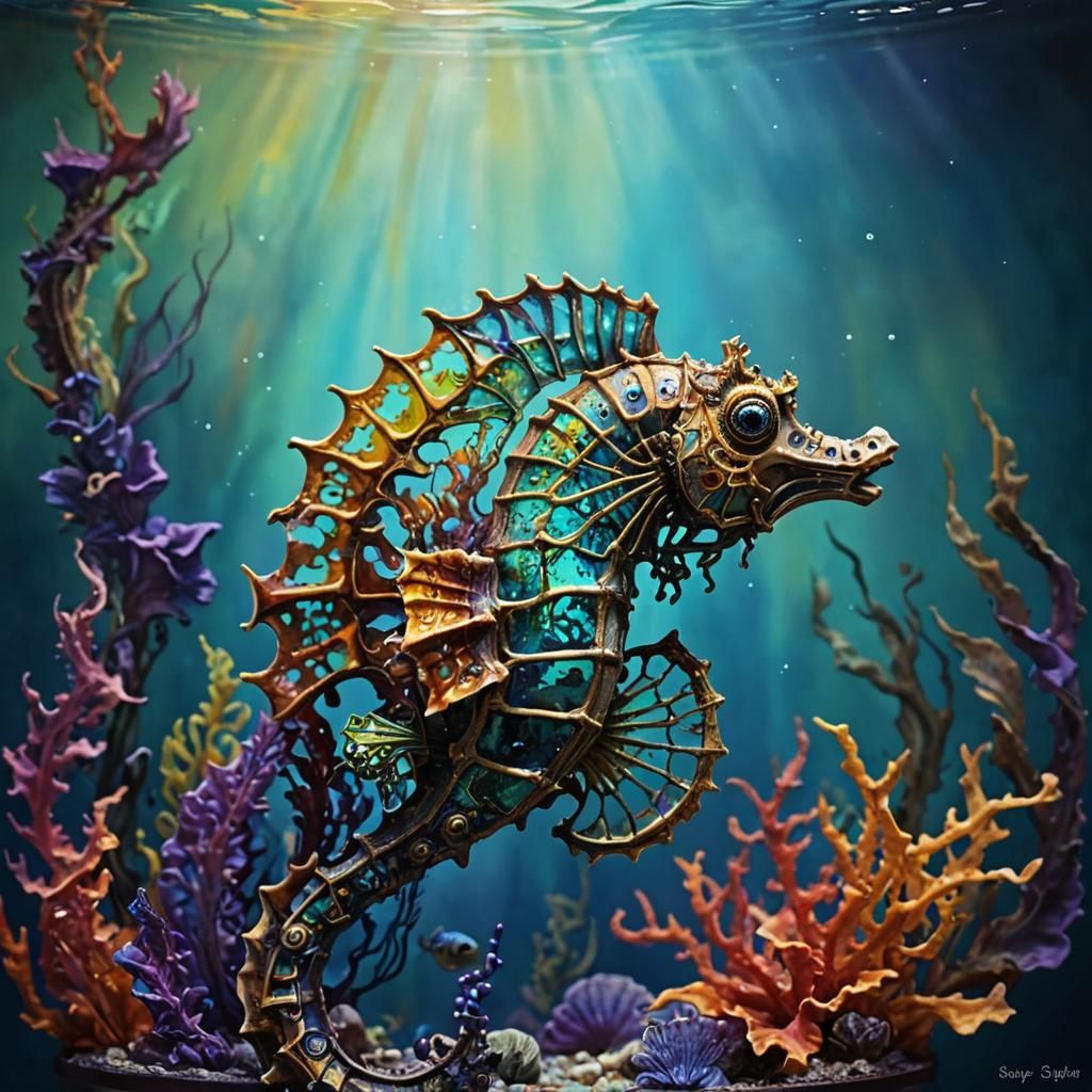 Antiquated seahorse aquarium in a steampunk style with guppi...