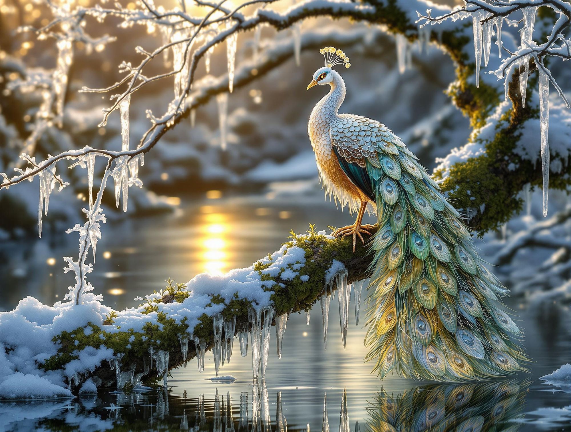 Combine the imaged so the fairy trapped inside the water droplet is dripping from the snowy tree branch, beautiful, dark dramatic lighting
t... - Start Image 1