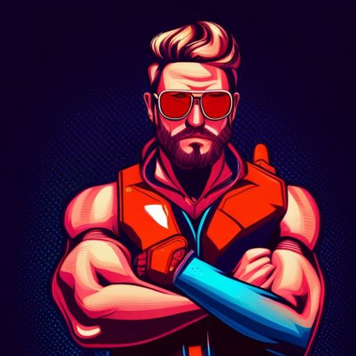 Portrait of a bearded muscular guy with a big gun and sungla...