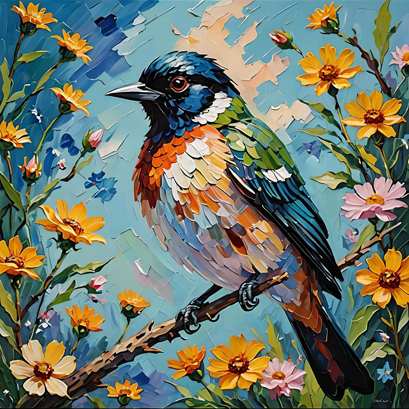 A bird surrounded by flowers  by @Hinty