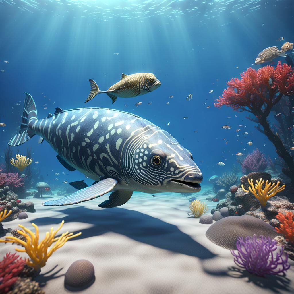 Ichthyosaurus swimming in the ocean next to colourful Nautil...