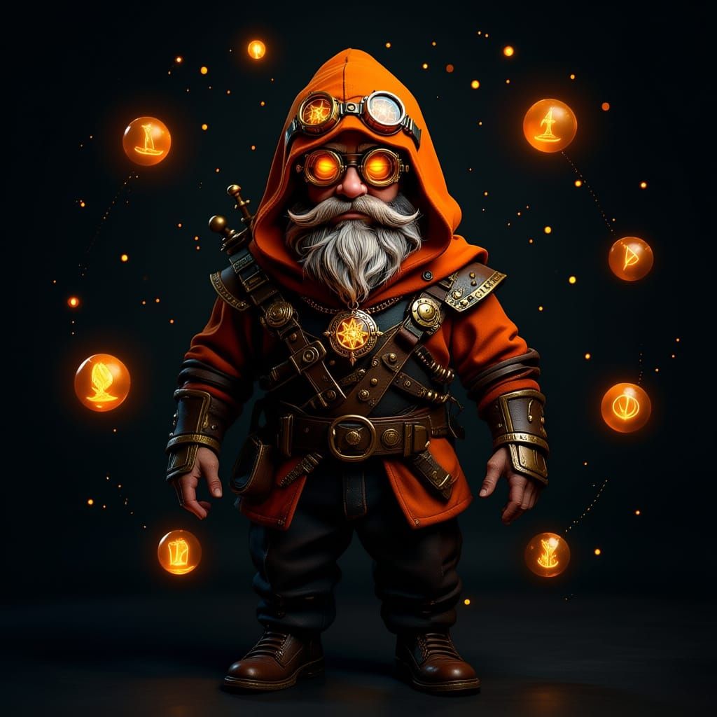 “Head-and-shoulders portrait of a mystical steampunk gnome guardian with short beard, orange hood and subtle orange glow. Brass goggles with...