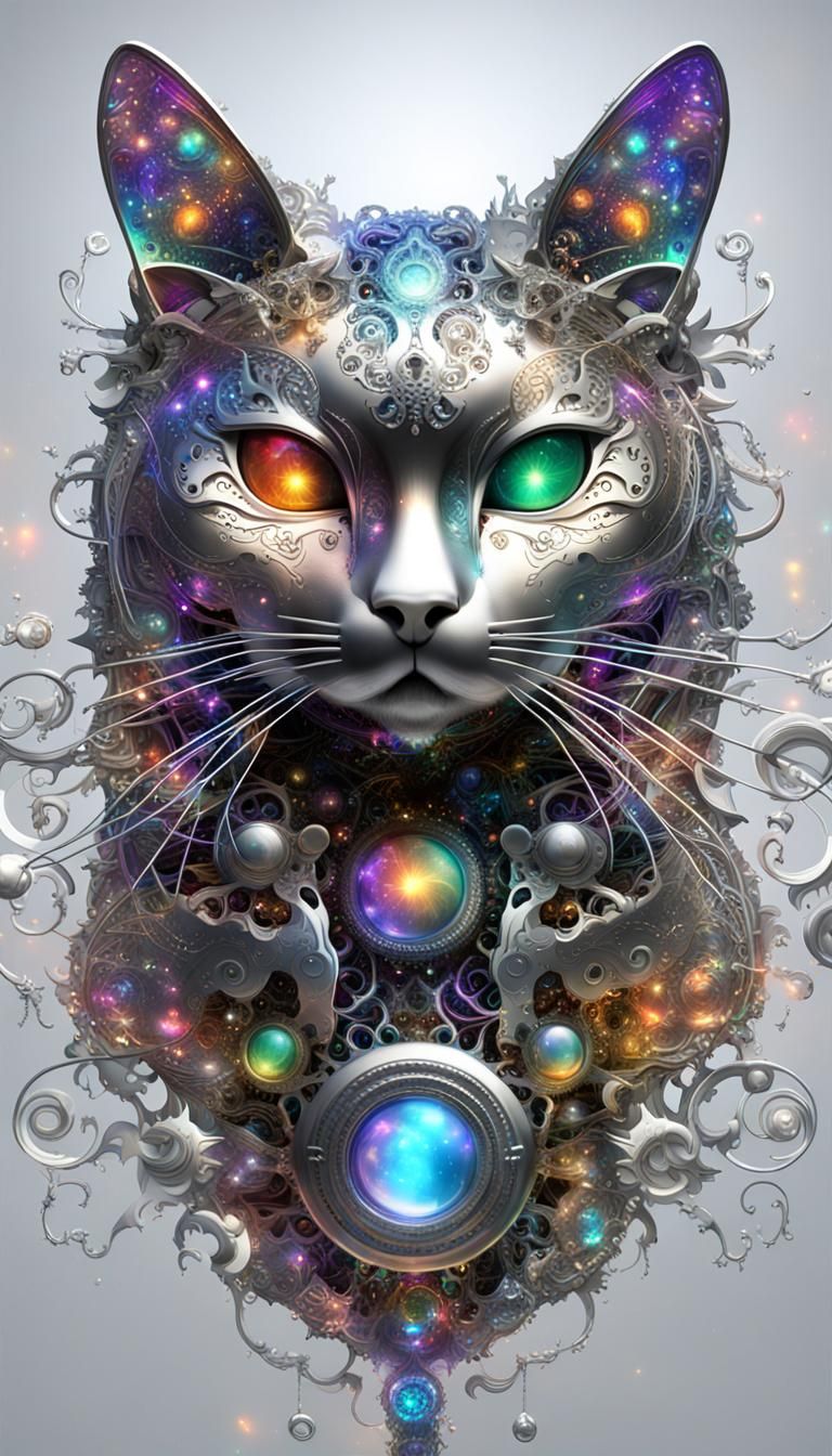 mechanical metal cat surrounded by colorful glowing particle...