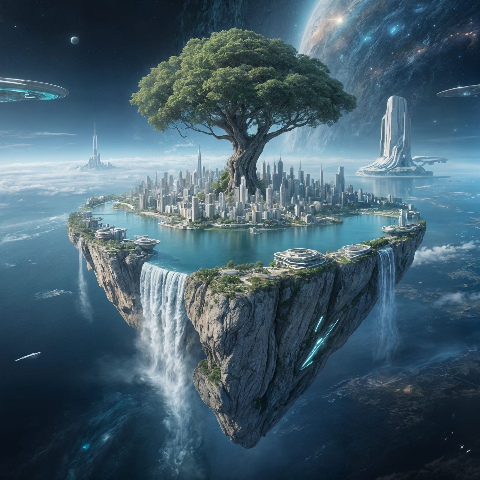 A futurist city built around a giant tree floating in space  by @Eve