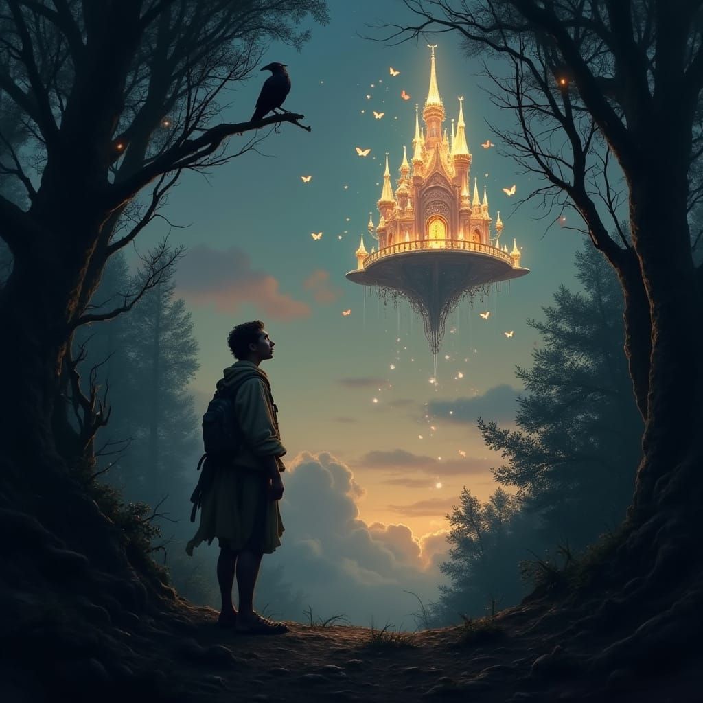 Create a surreal, emotionally charged fantasy landscape that visually embodies the contrast between a poor man's unrequited love and the eth...