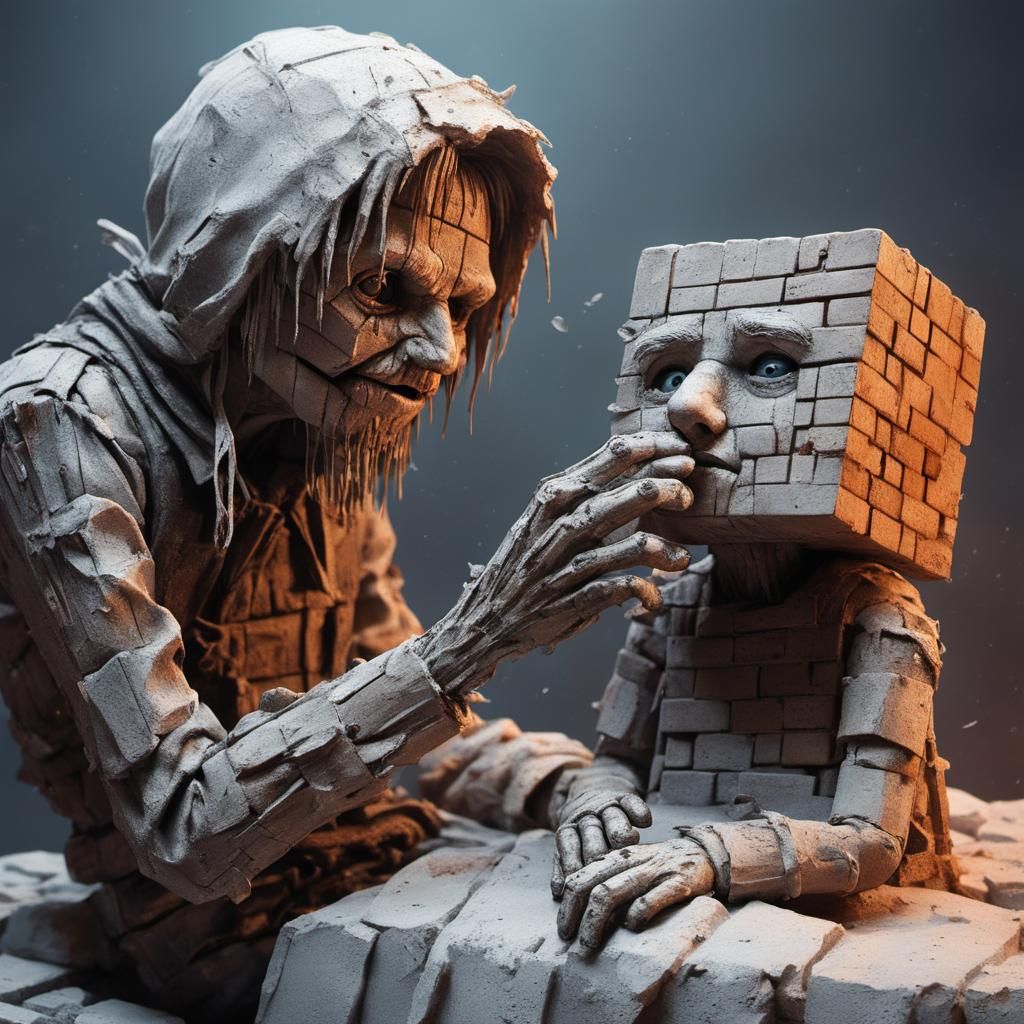 An anthropomorphic brick holds the hand of his brick child. ...