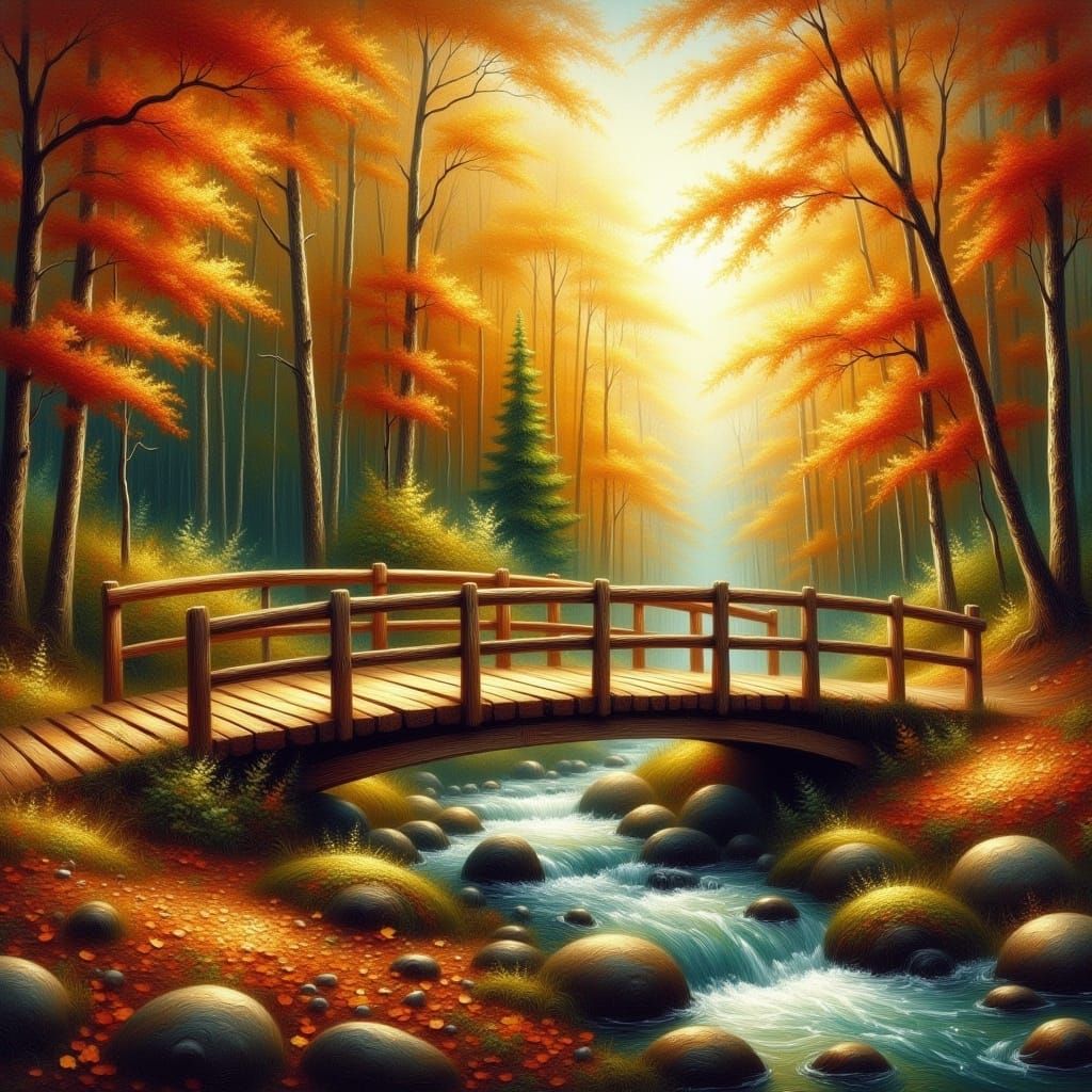 <lora:Oil-HD 2 Flux:1.0> old wooden bridge across a creek in a beautiful fall forest, bokeh sun shining through the trees gritty grunge anti...