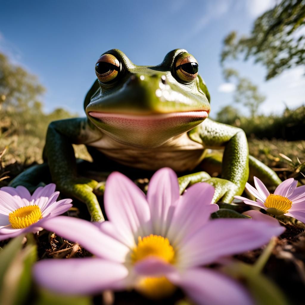 giant frog in the front,  flowers in the background. wide an...