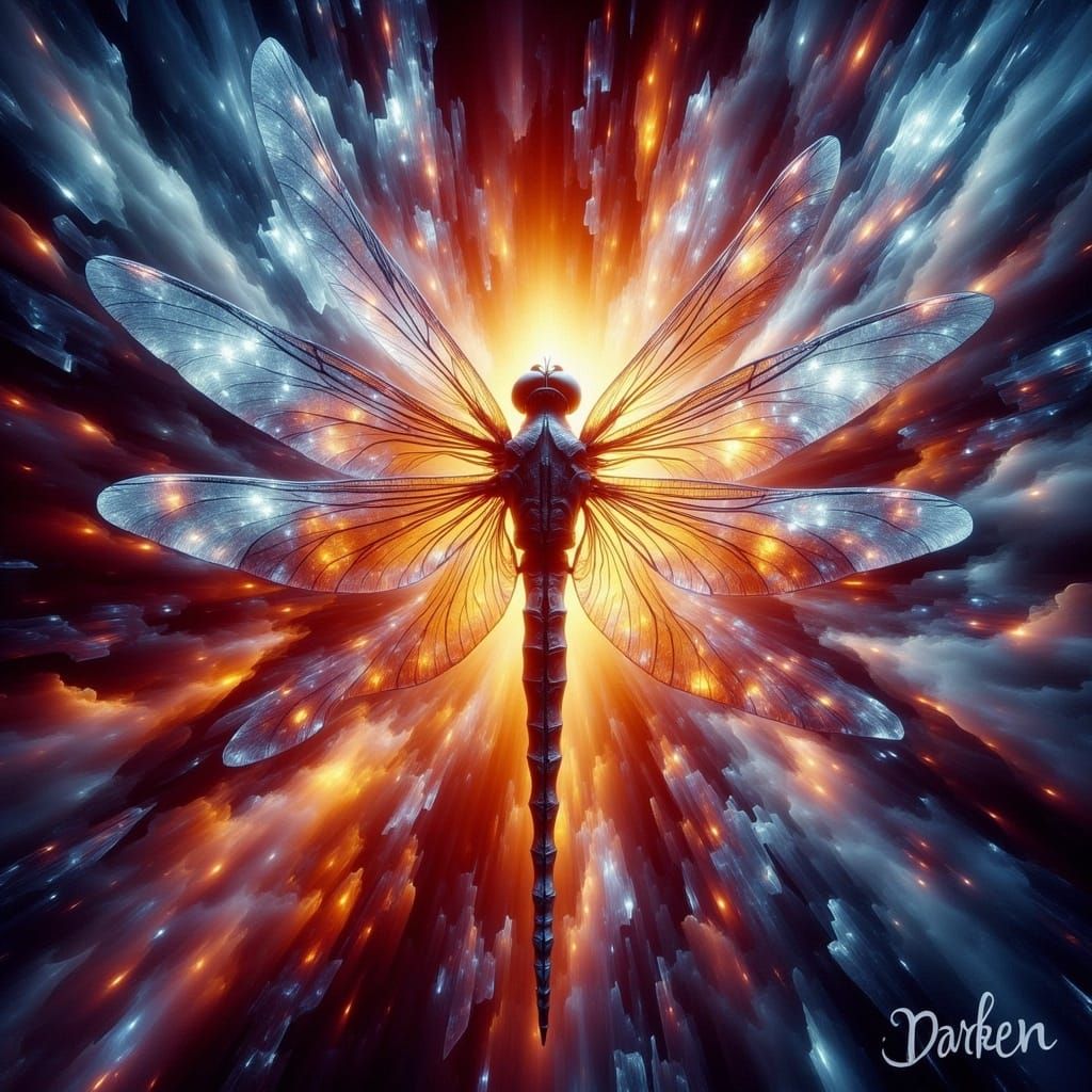 <lora:-Crystalline Meta-:1.0> A crystalline dragonfly emerging from a canvas of burning paint ▪ Vivid, molten colors flowing and blending ▪...