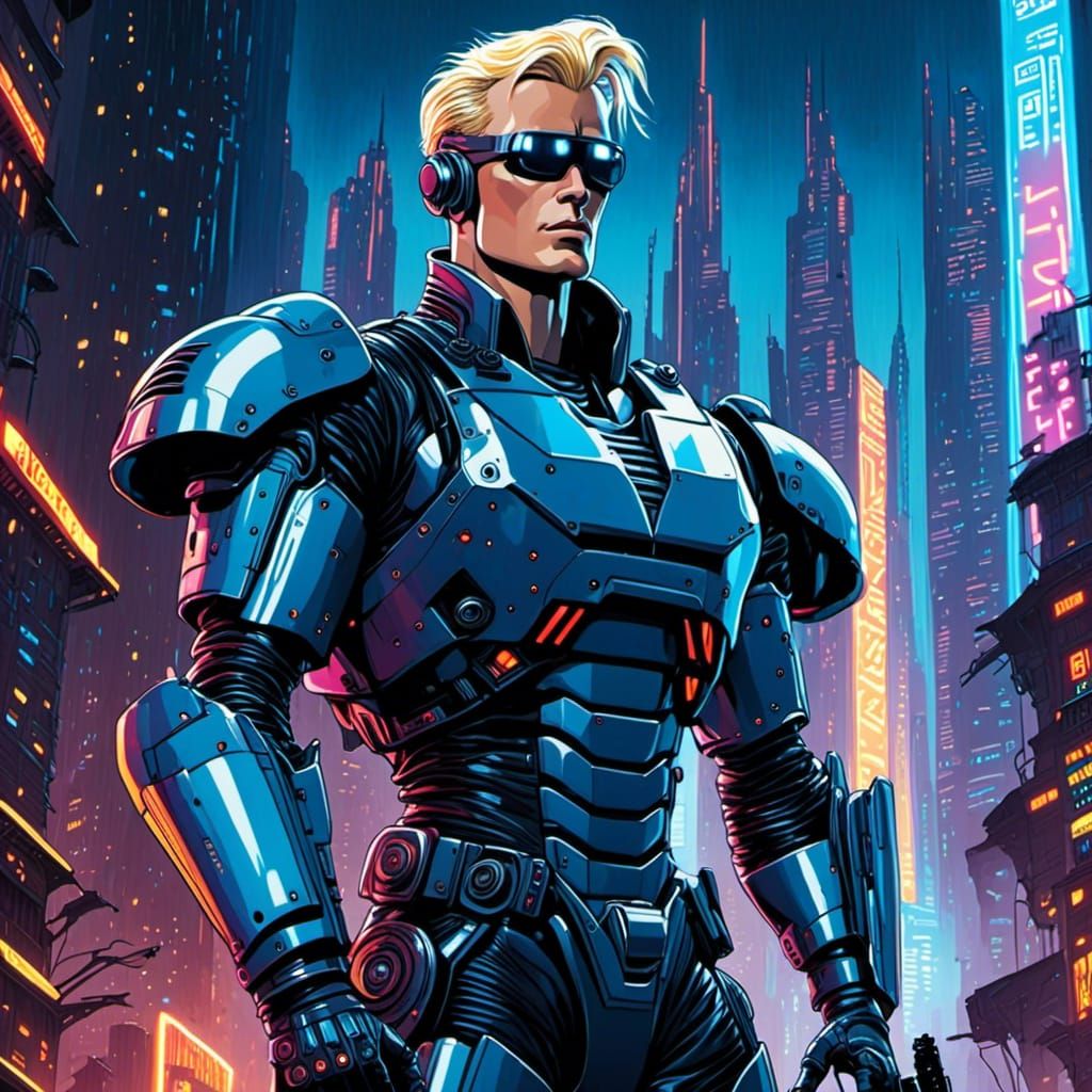 <lora:Futurecity:1.0>  Futuristic handsome robocop, blonde hair, expressive blue eyes, intense stare, inspired by Rutger_Hauer, standing on...