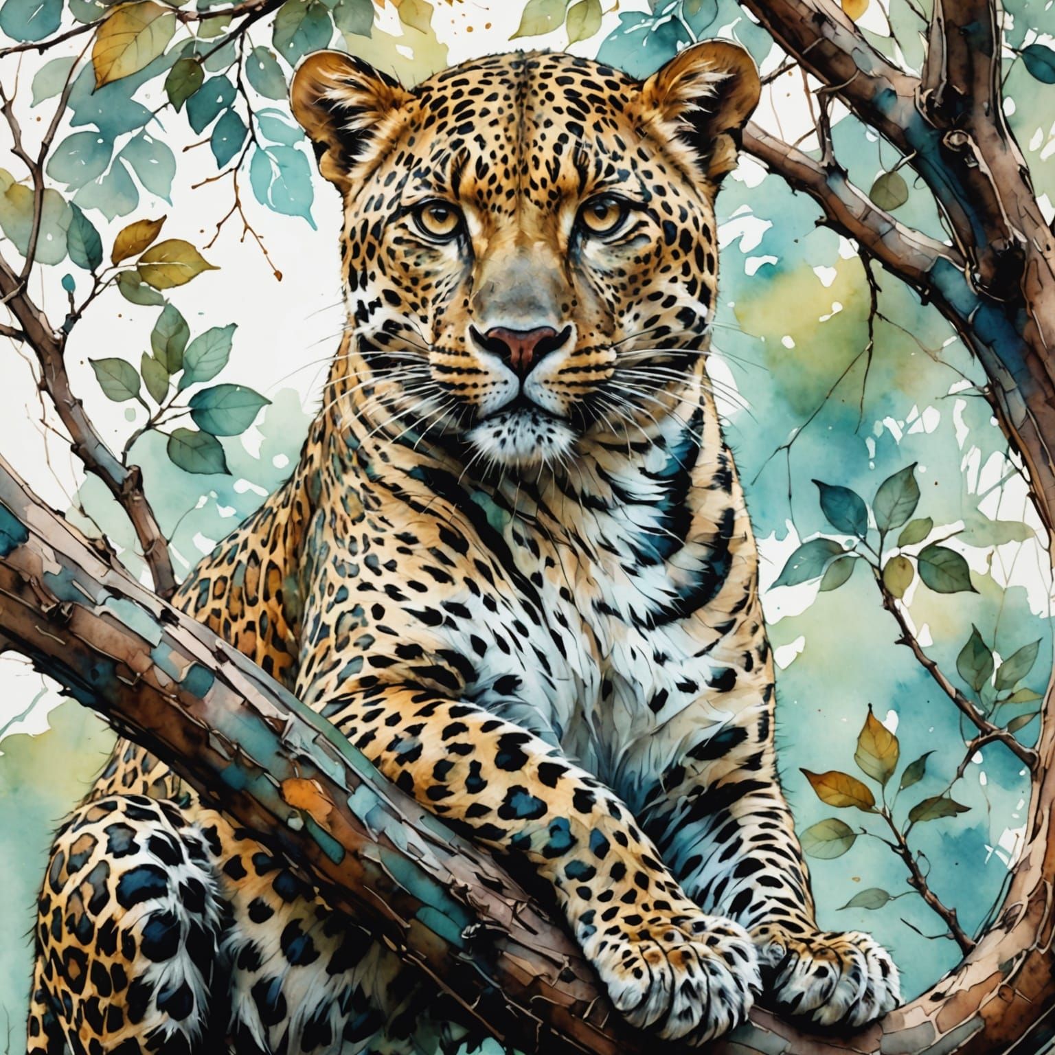 Leopard in a tree, Serengeti Watercolor painting.  by @Al_in_Tanzania