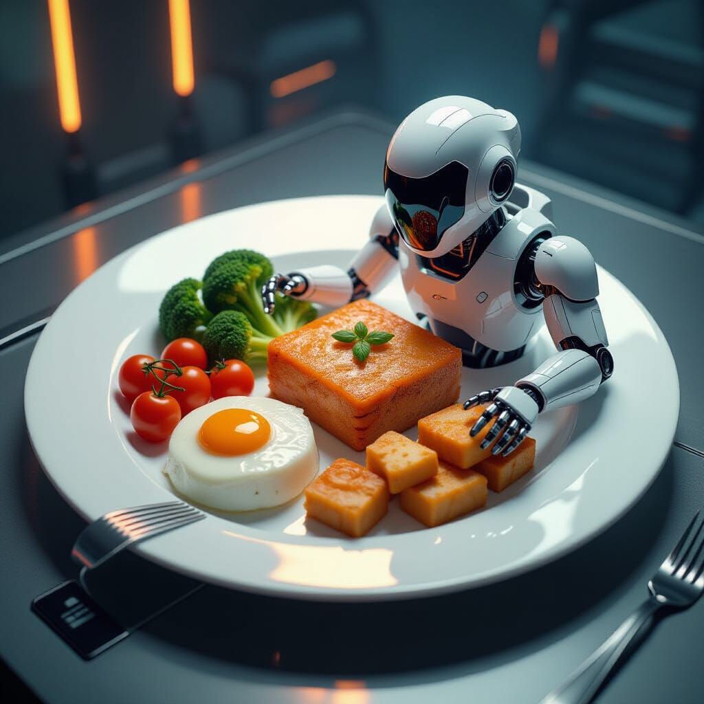 Futuristic Robotic Food Presentation in Digital Art Style