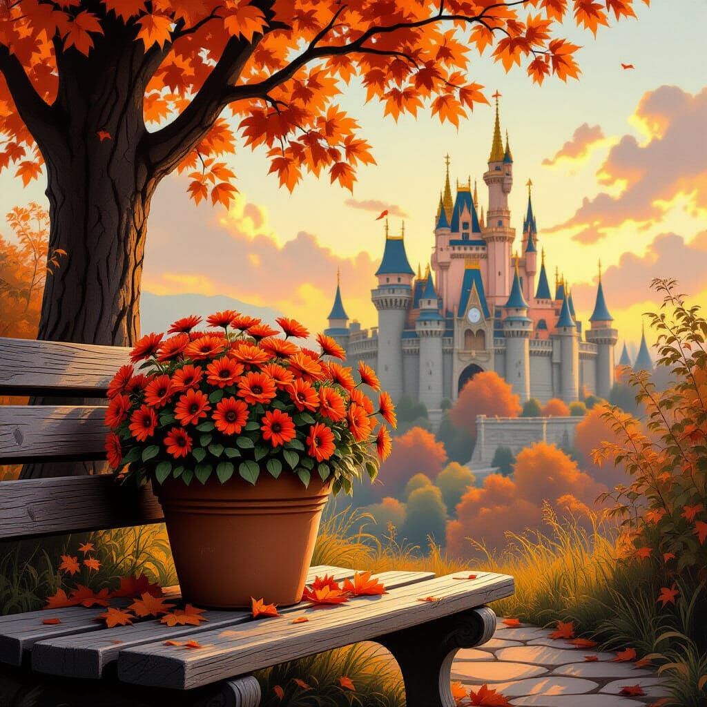 A straw flowerpot with orange flowers on an old wooden bench and in the blurred background you can see a tree with orange leaves and a beaut...