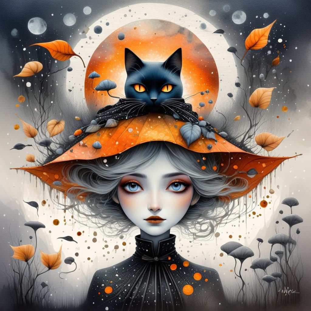 Cozy Autumn Night Fantasy Illustration with Costumed Cat