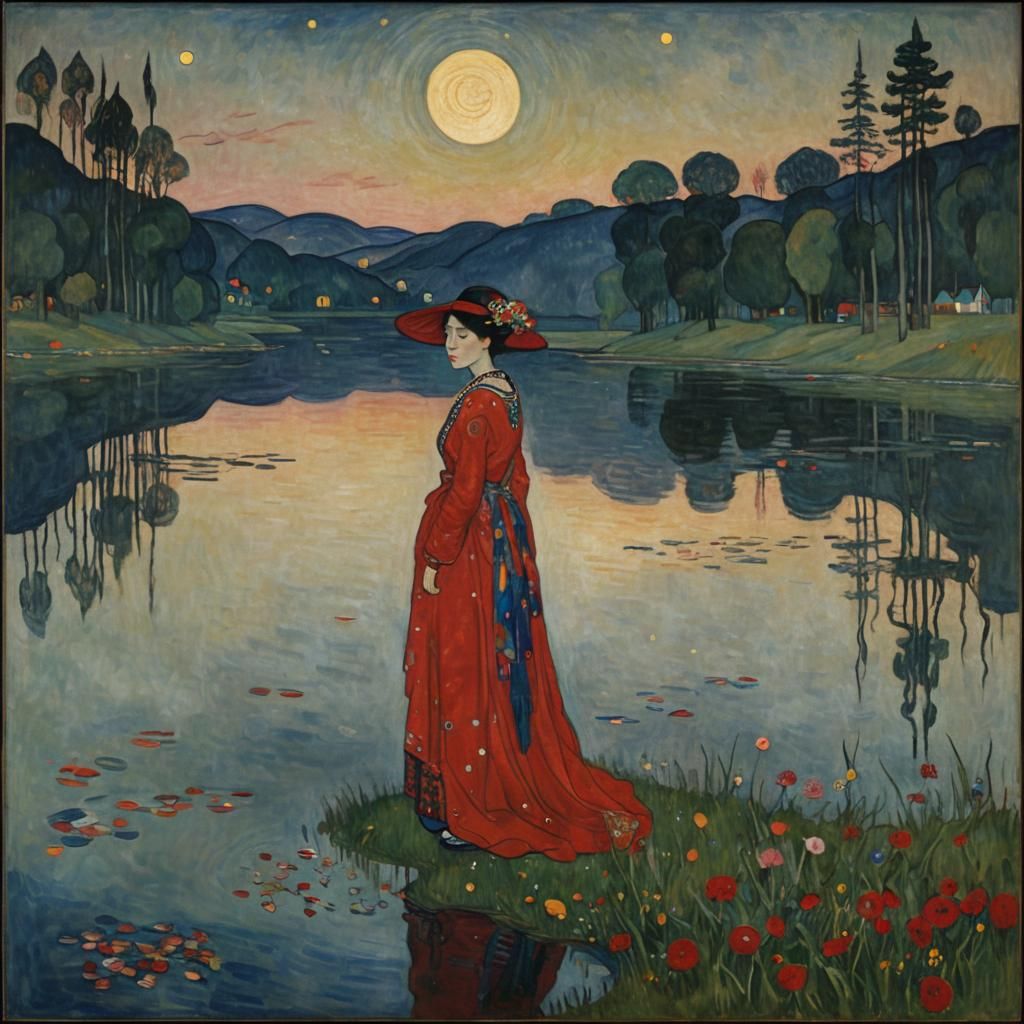 Lady in red standing by a lake at midnight