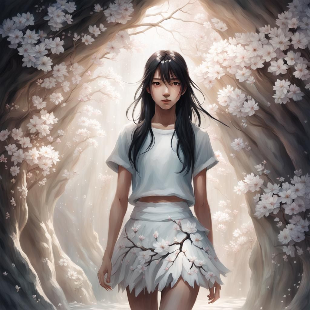 Japanese girl with fair skin, brown eyes and black long hair...
