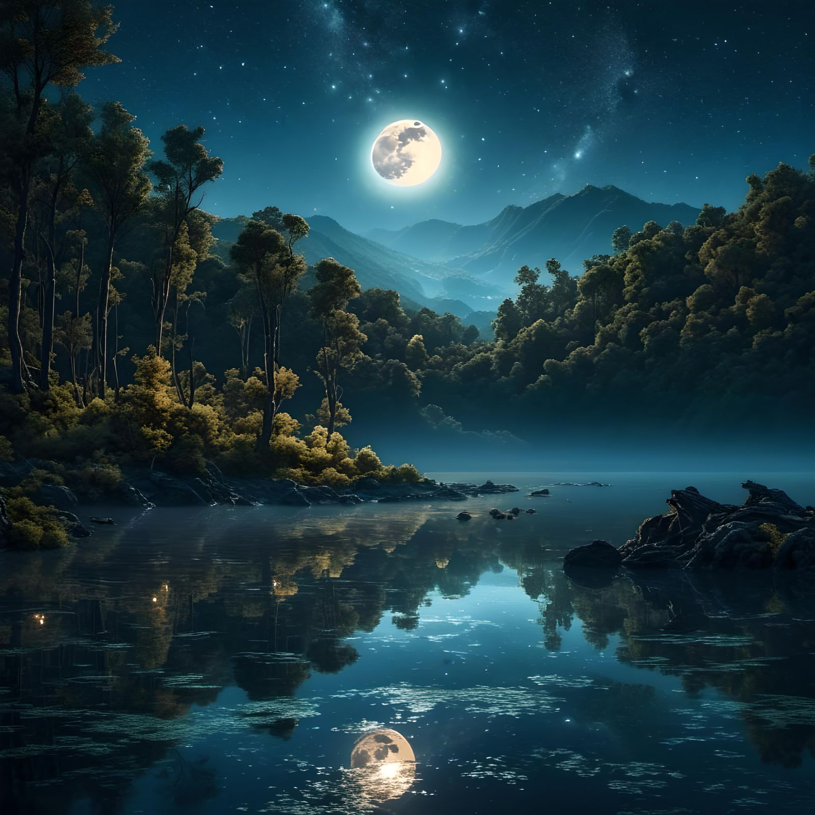<lora:Lovely Landscapes:1.0> A moonlit lake with the bioluminescent moon overhead and the sparkling stars 4K high resolution high definition...