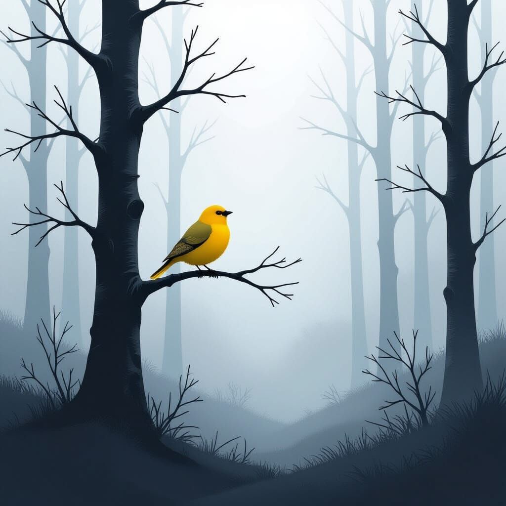 A forest in winter fog, with a yellow bird