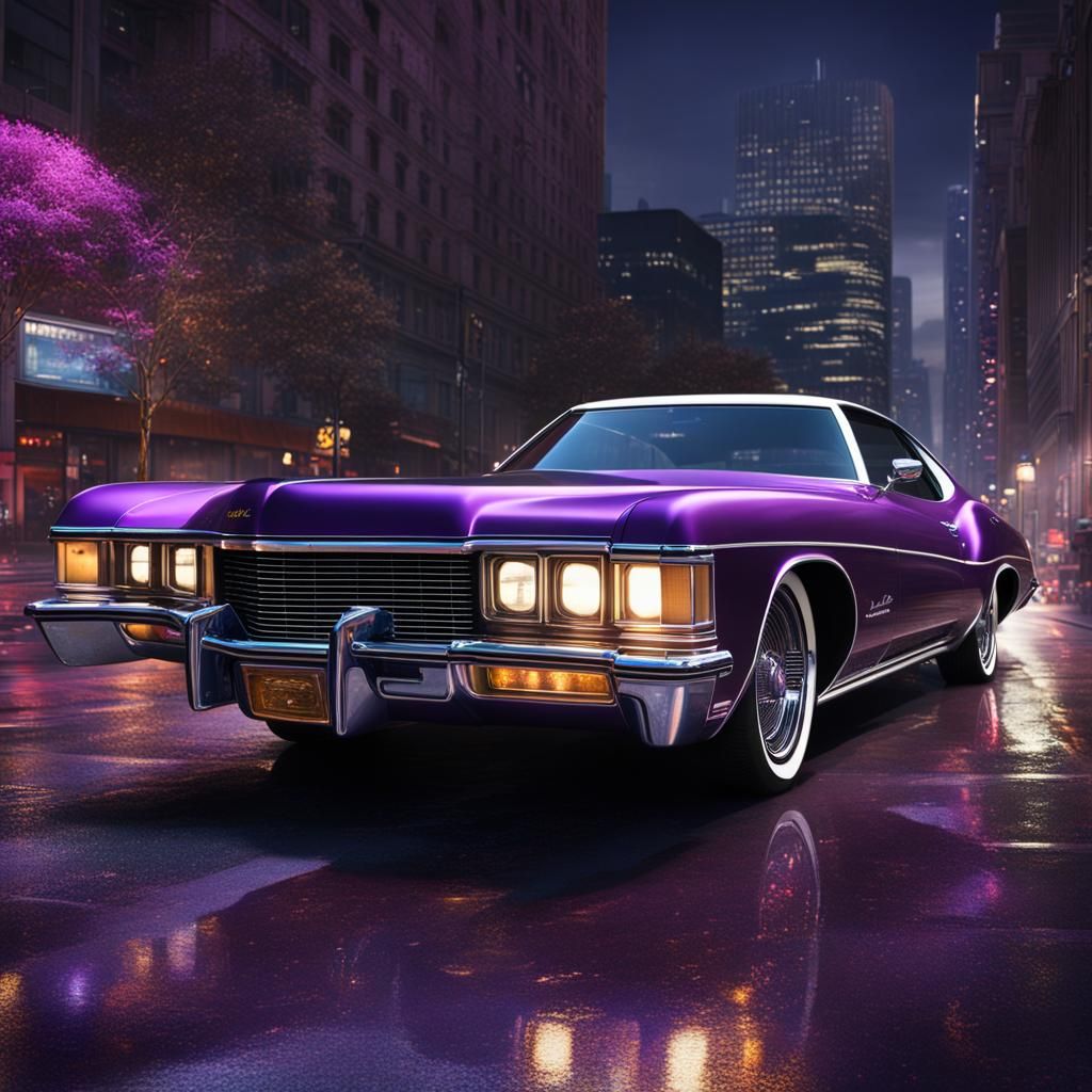 Purple 1972 Buick Riviera with a black vinyl top, polished c...