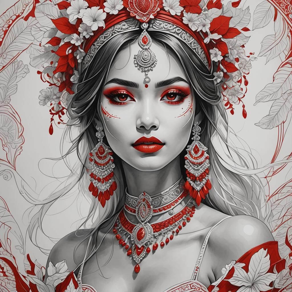 using ONLY red AND WHITE create the outline of a  beautiful ...