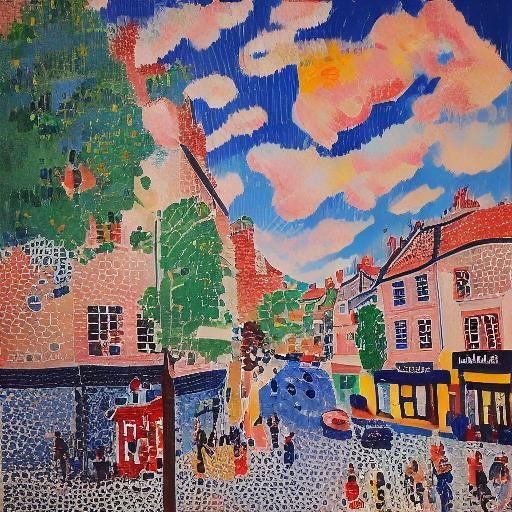 <lora:Pointillism:1.3> London old quarter, people in the streets, cars