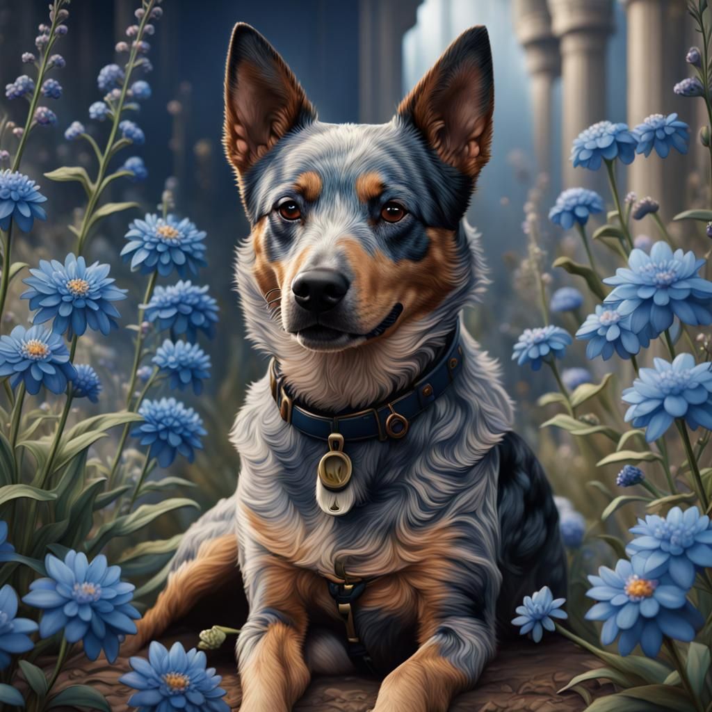 Australian Cattle Dog in Blue Flower Field