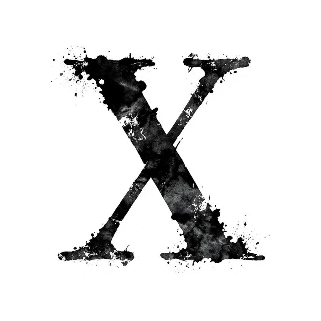Distressed black inkblot in Rorschach test style, forming a rough, chaotic Roman numeral 'X', high contrast, splattered edges, abstract and ...