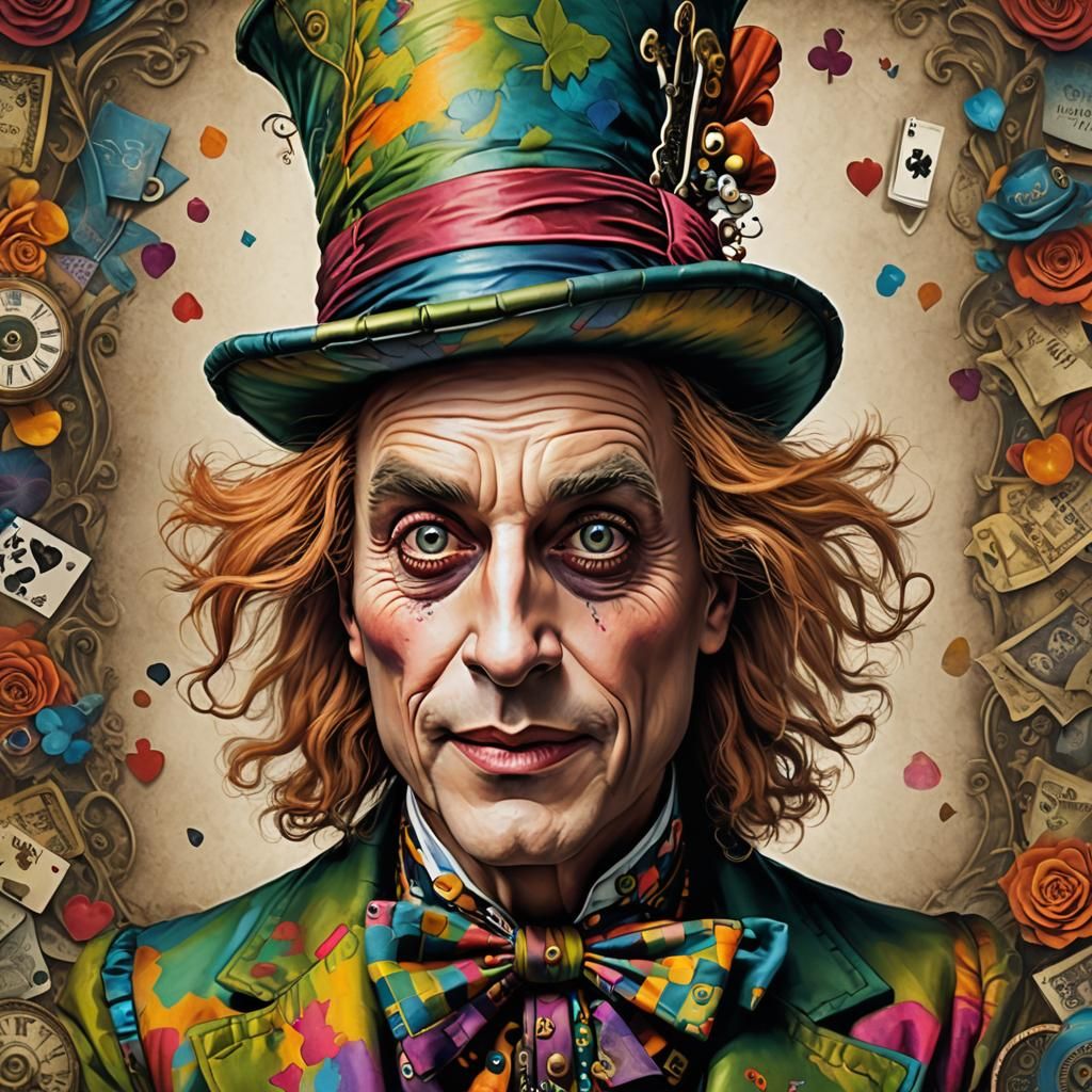 Whimsicle version of the mad hatter, caricature z:: colorful:: beautiful ::insanely realisitic:: insanely detailed:: hig...