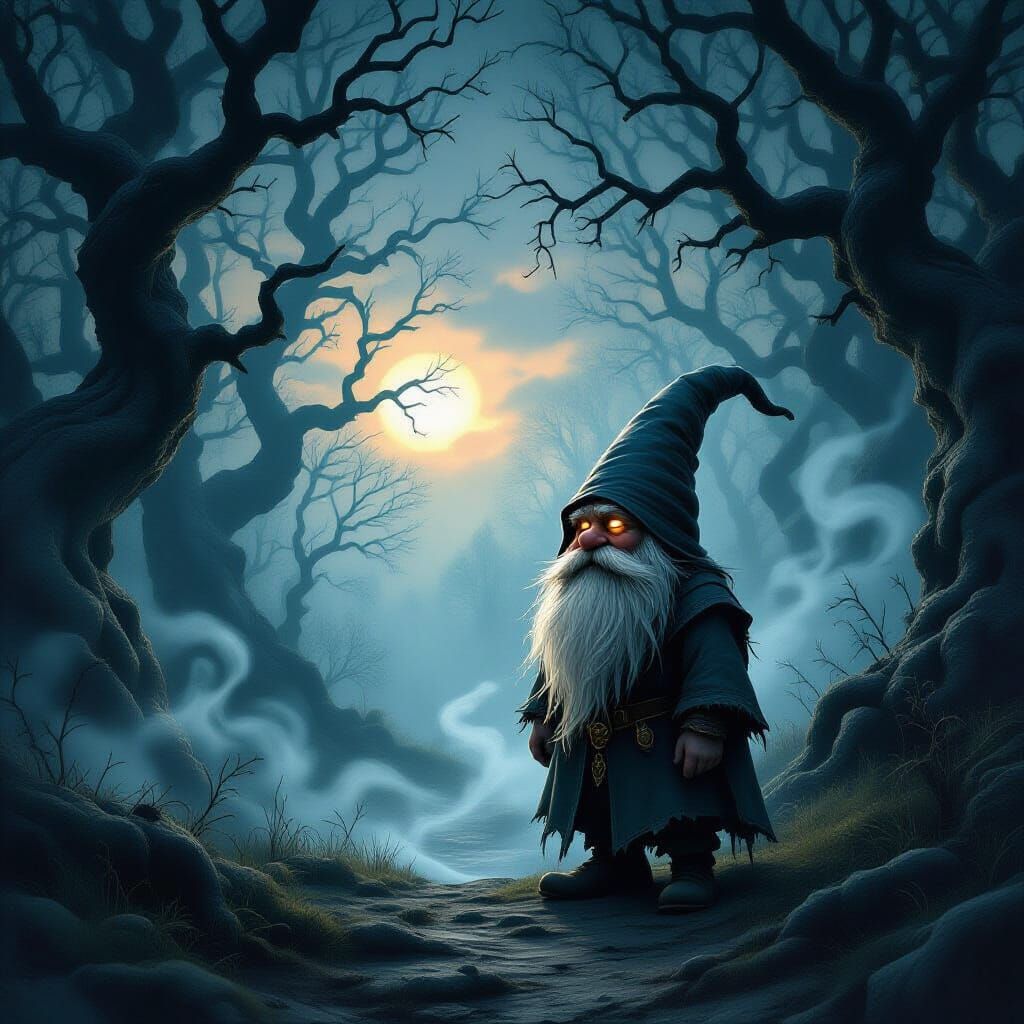 A lone gnome with a weathered face and tattered cloak, standing at the edge of a spectral forest, his eyes glowing with an inner, melancholi...