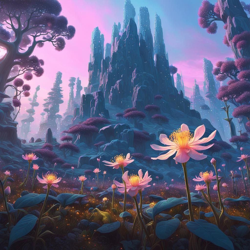 Crystalline Flowers Bloom in Mystical Forest