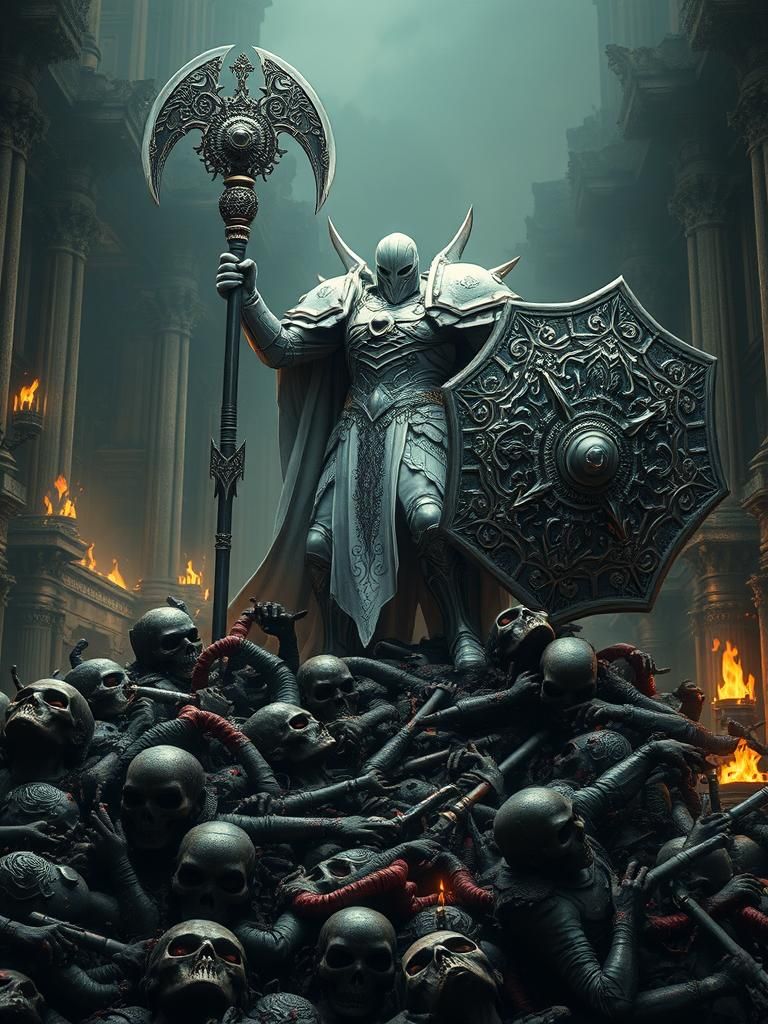 Custodes Warrior Triumphant Over Space Orks in Gothic Ruins