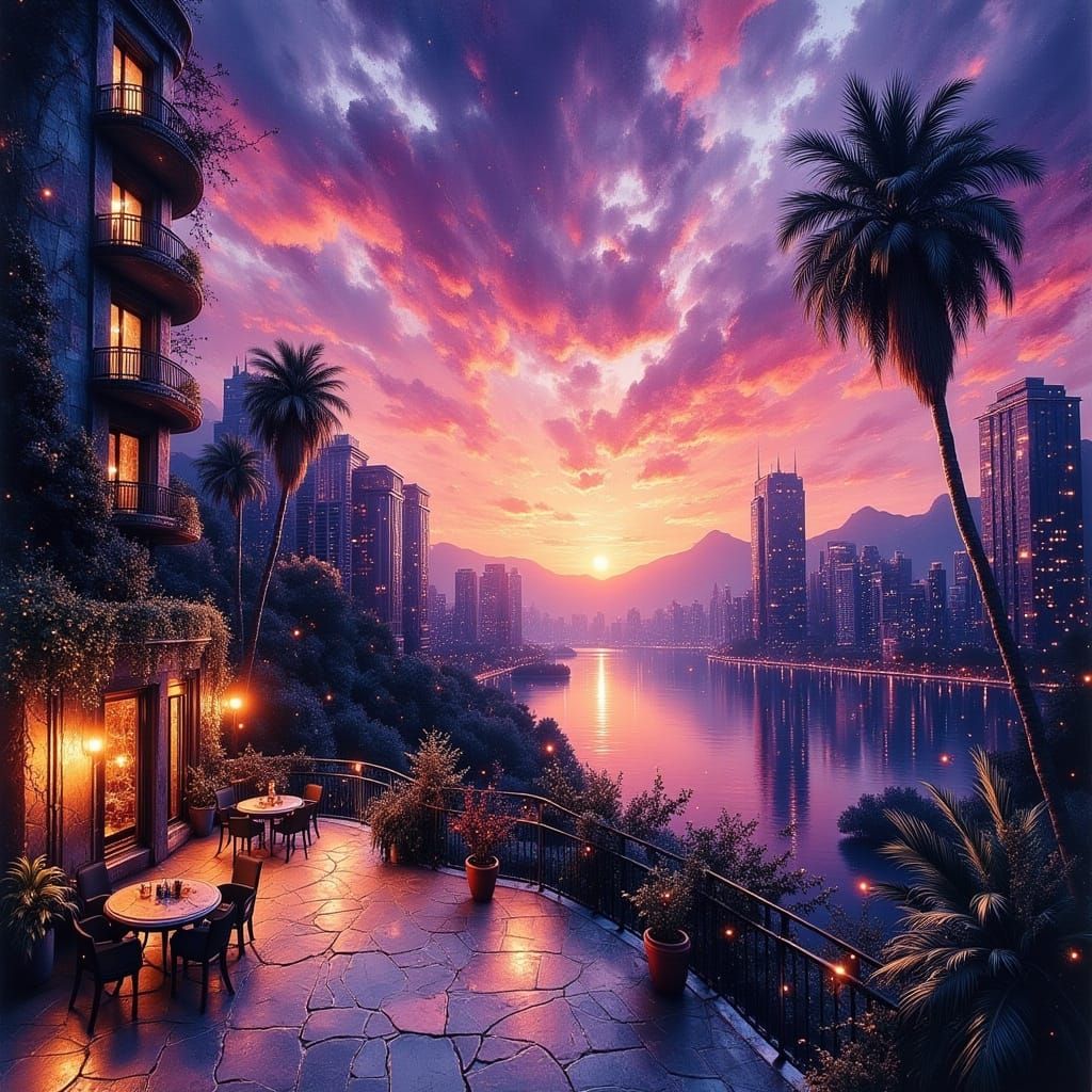 Dramatic Watercolor Cityscape at Sunset