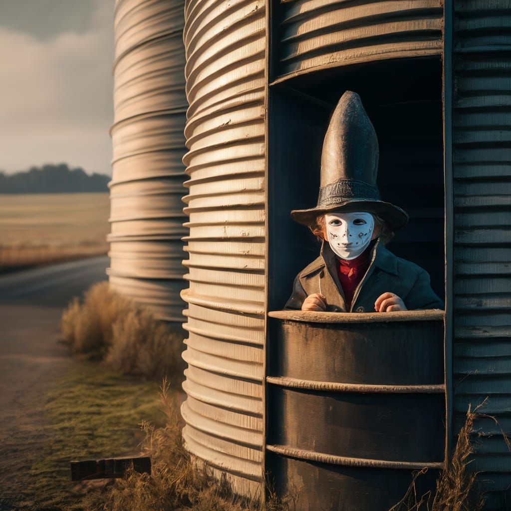 Mysterious Child in Golden Silo Landscape