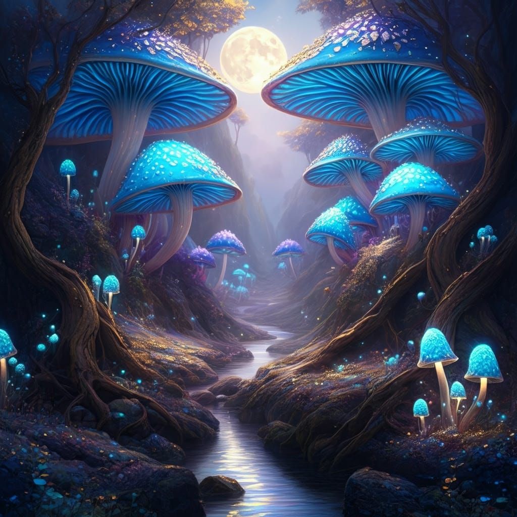 Mystical Mushroom Valley in Dreamlike Moonlight