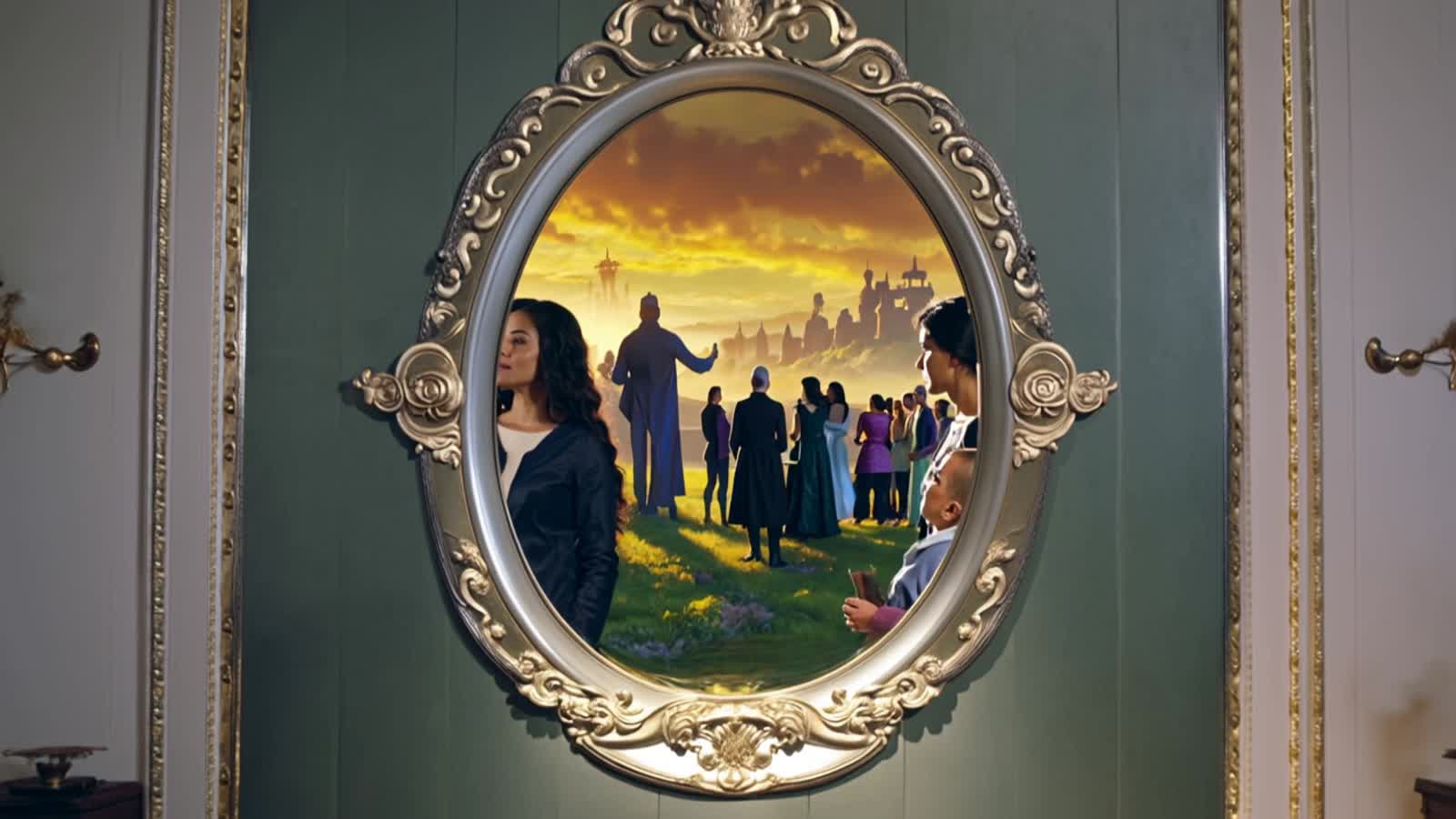 A powerful, surreal scene of a person standing before a large, ornate mirror. On one side of the mirror (the real world)...