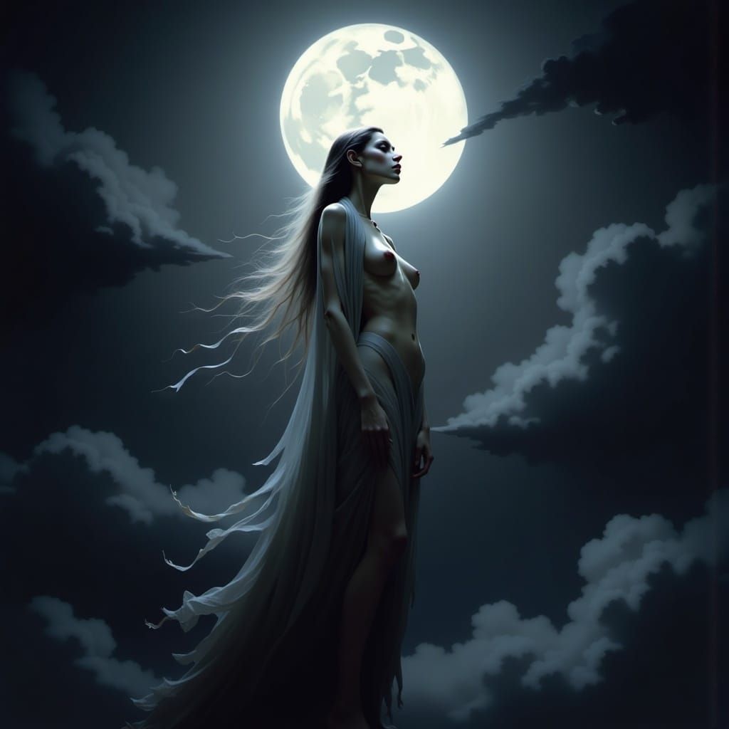 <lora:Pre-Raphaelites2:1.0> Portrait of a ghost flying in the night sky, full Moon, Halloween night, a maximalist masterpiece