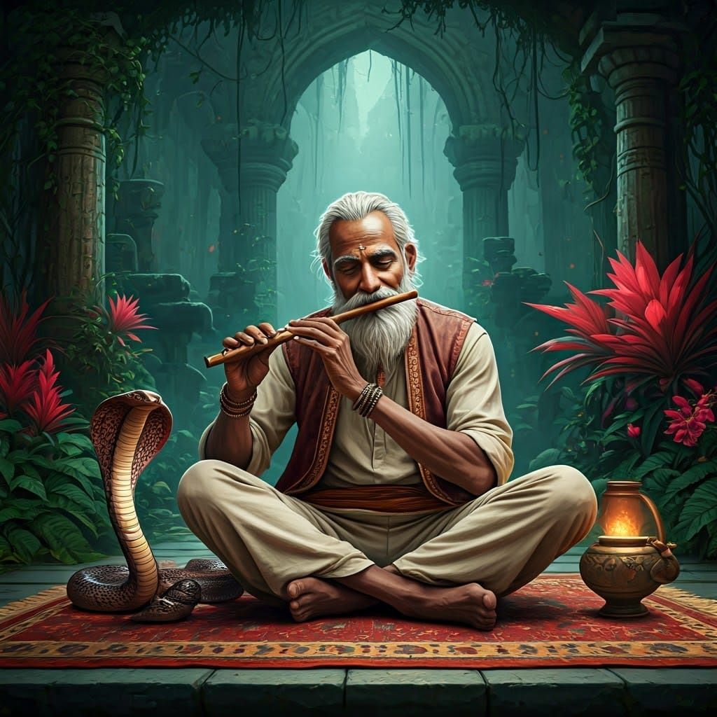 Indian Snake Charmer Mesmerizes Cobra in Dreamlike Setting