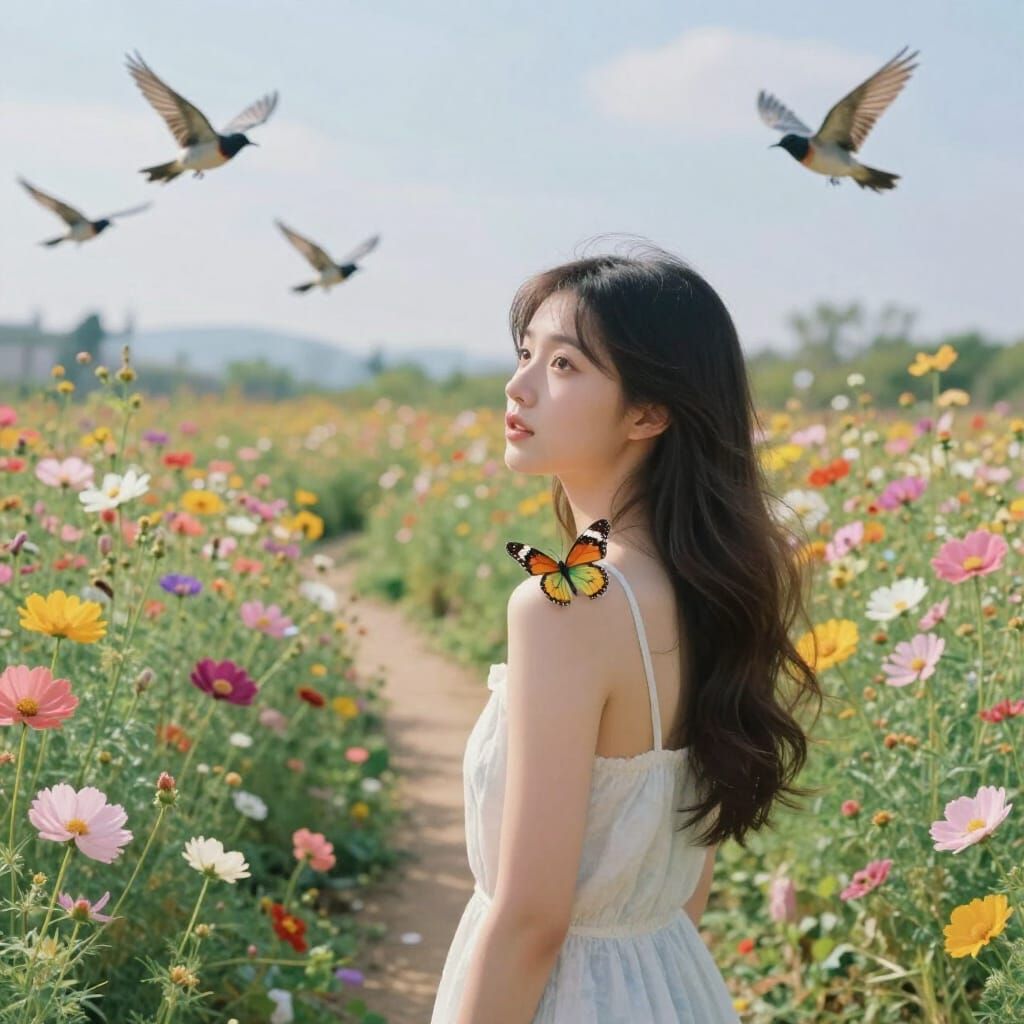 Woman Admires Flowers in Vibrant Impressionistic Garden