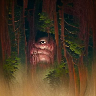 The sasquatch peering out from behind an ancient red wood tr...