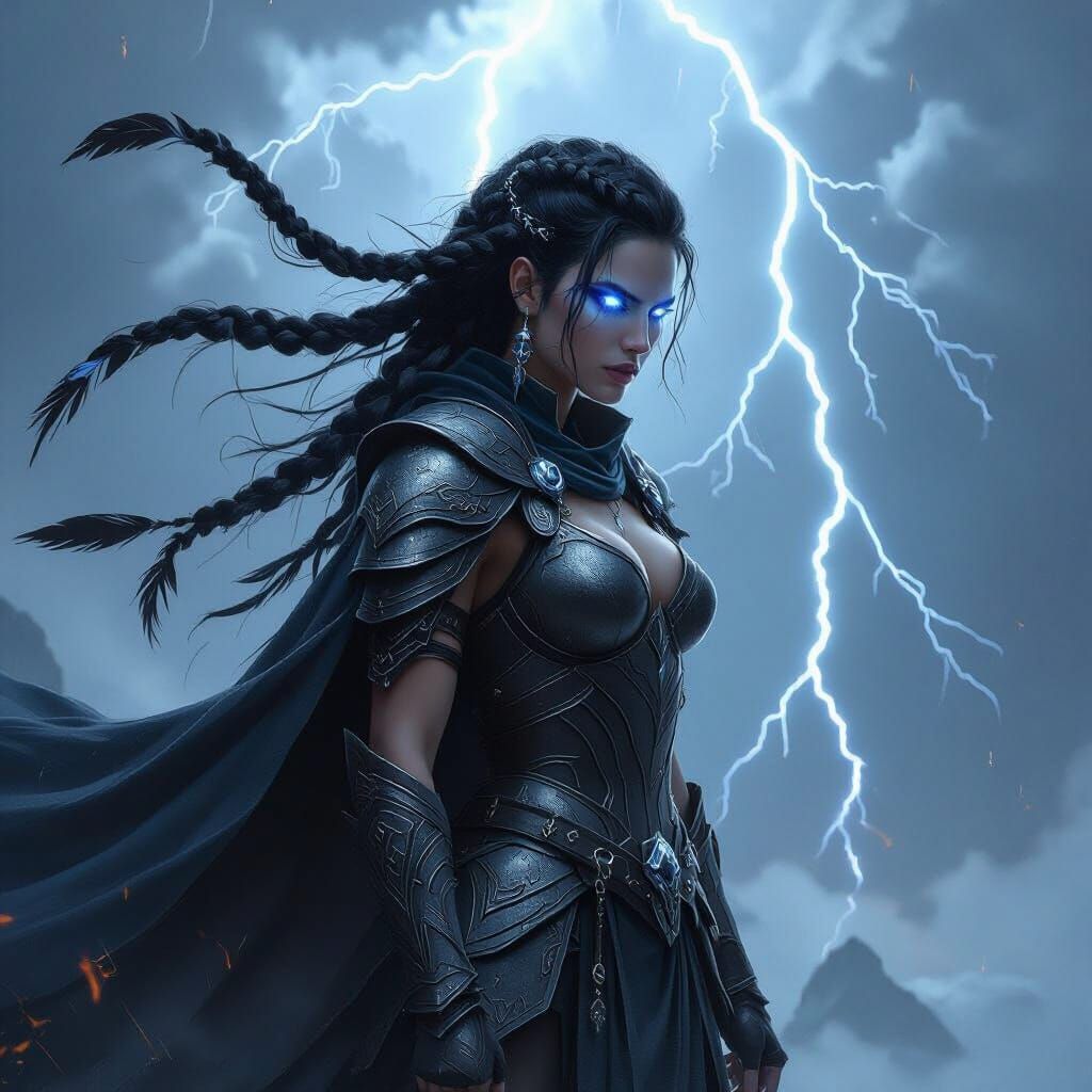 A fierce post-apocalyptic female warrior crouches in a misty, rugged landscape. Her long, tangled white-blonde hair is windswept, and her fa... - Start Image 1