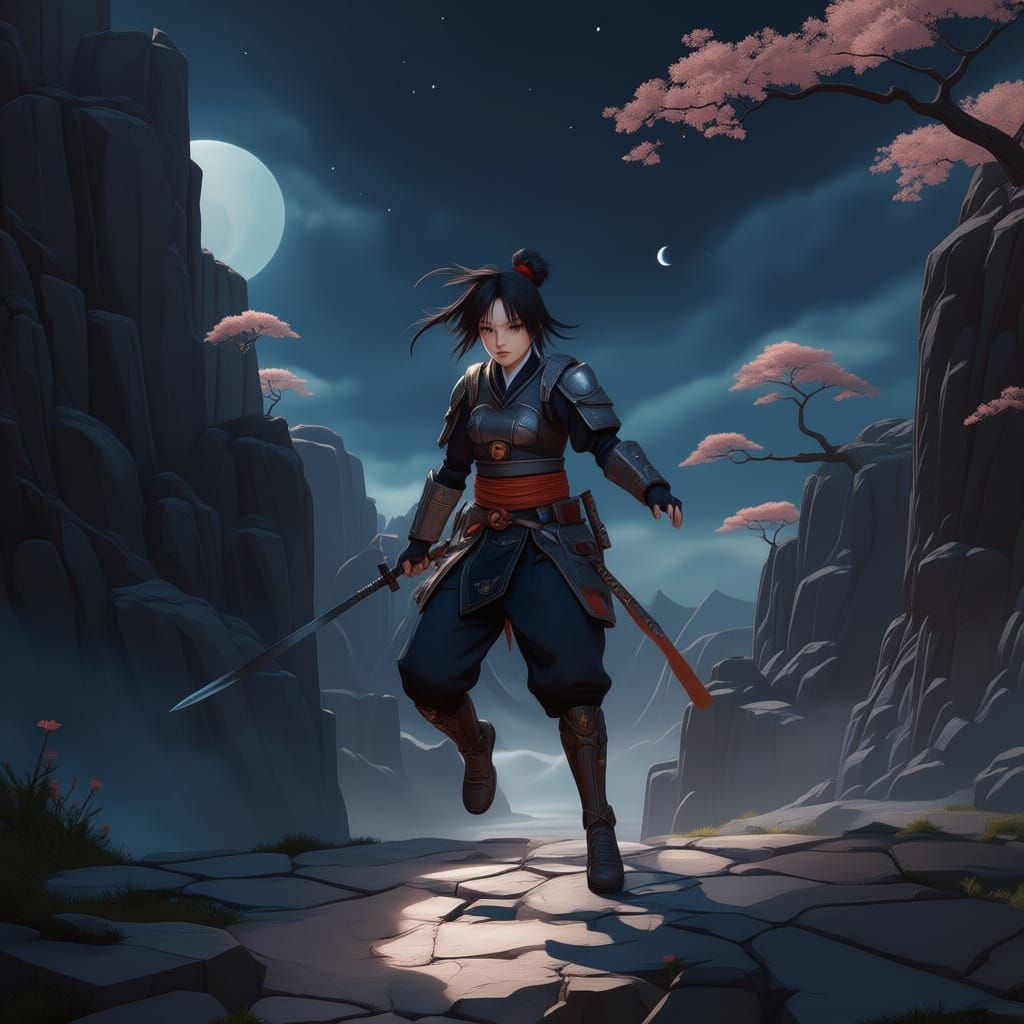 A lone Japanese female samurai stands on a desolate alien planet, holding a Japanese sword on her side, gazing up at a sky filled with two s...