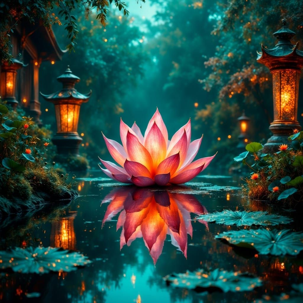 Neon Lotus Blooms in a Dreamy Surreal Landscape