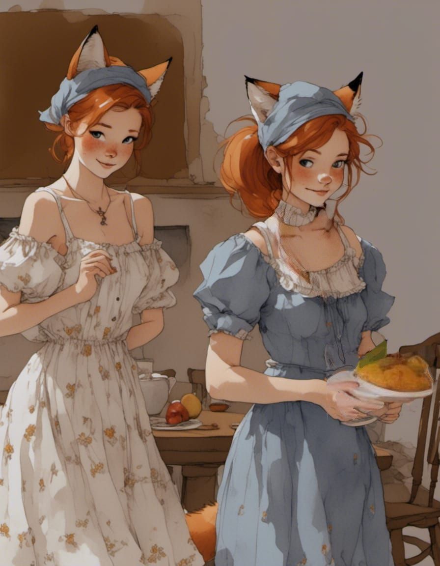 Fox-girl VIXEN (right) and her daughter Kitt (left) sets the table for dinner.