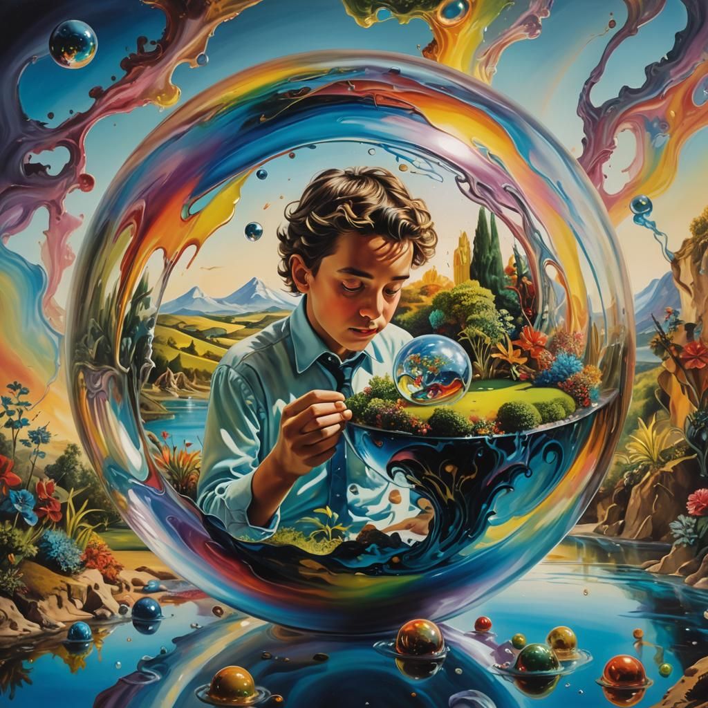 Surreal Boy Gazes into Rainbow Garden Sphere